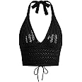 Naileksi Women Lace Up Backless Crochet Crop Halter Top Y2k Slim Fit Sleeveless V Neck Self Tie Back Knit Crop Cami Top
