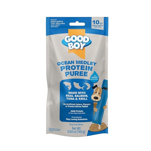 GOOD BOY OCEAN MEDLEY PROTEIN PUREES DOG FOOD MIXERS FOR ALL ADULT DOGS, 10 COUNT, EASY SINGLE-SERVE TRIPLE FLAVOR TOPPER TREATS WITH SALMON, TUNA AND KRILL