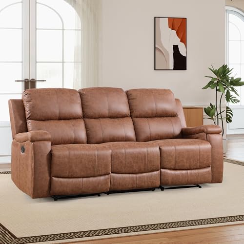 CANMOV Leather 3-Seat Recliner Sofa, Manual Reclining Sofa with Hidden Cup Holders, Padded Headrest & Lumbar Support 3-Seat Couch for Living Room, Home Theater, Brown
