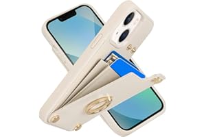 LAMEEKU Wallet Case Compatible with iPhone 13, Case with Card Holder, RFID Blocking Leather Cover 360°Rotation Ring Kickstand Protective Bumper Designed for Apple iPhone 13 6.1'' (2021) Beige