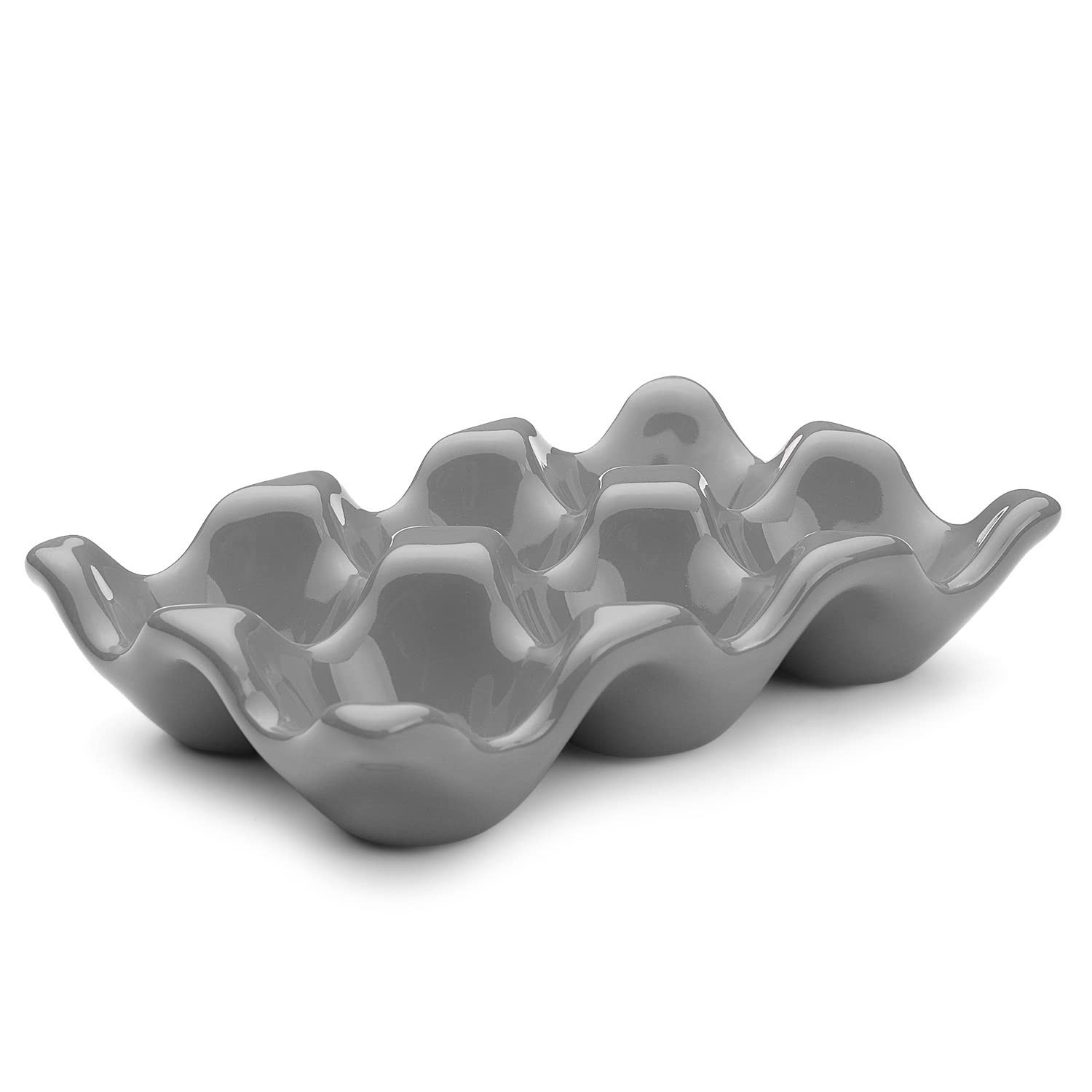 Flexzion Ceramic Egg Holder for Fridge - 6 Cups Egg Tray Half Dozen Porcelain Container Keeper Storage Organizer Decorative Serving Dish Serveware for Refrigerator Countertop Display Kitchen (Gray) — image 1