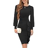 IHOT 2026 Women's Long Sheer Sleeve Ruched Sheath Bodycon Cocktail Party Work Dress