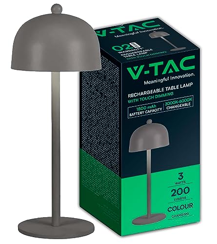 V-TAC Lampada da Tavolo senza Fili LED Dimmerabile in Metallo – Lampada Grigia Wireless per Uso Interno da Casa o Ristorante – Design Elegante – Luce Calda, Fredda, Naturale 3 in 1