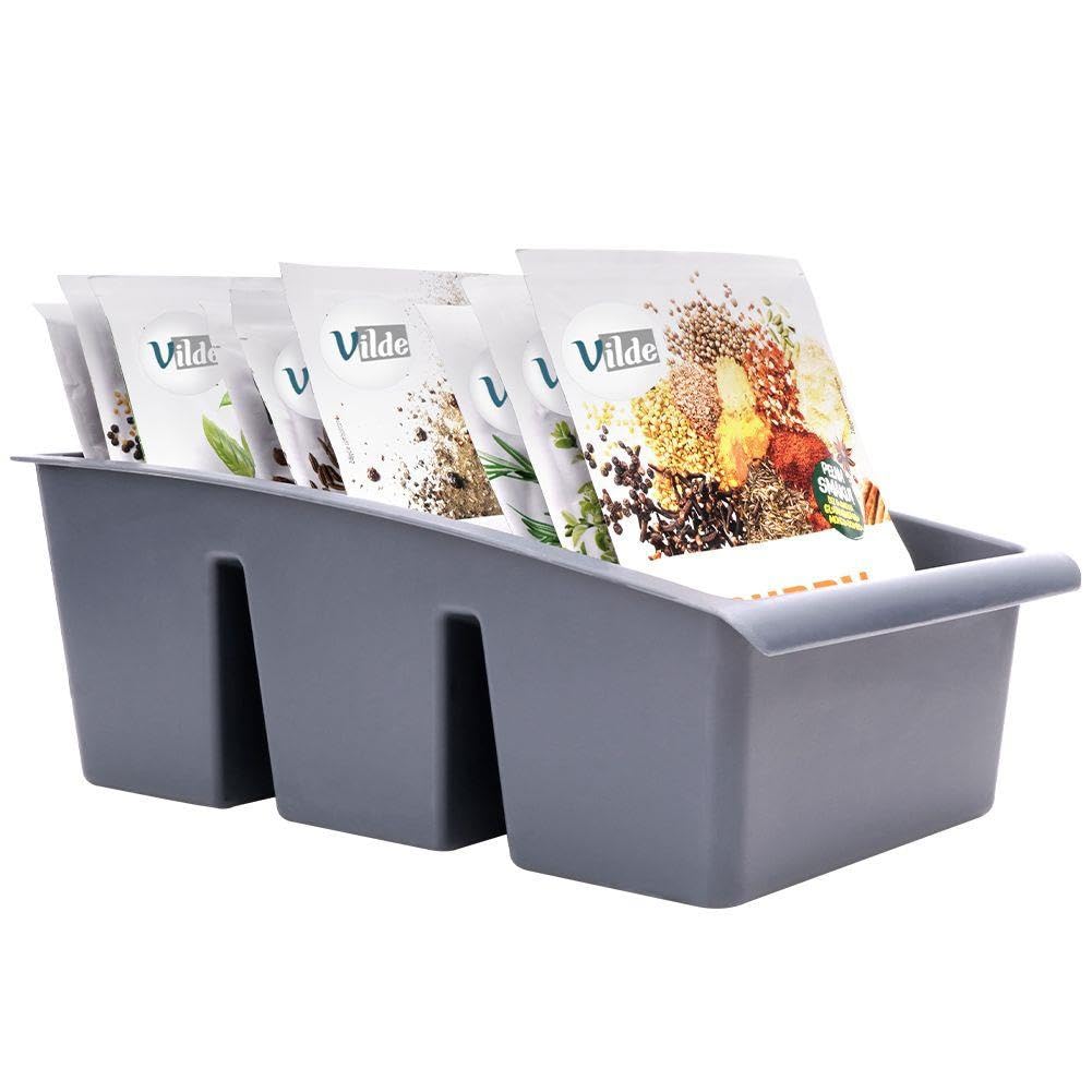 Vilde Kitchen Organiser, Storage Box for Spices, Bag Soups, Spice Sorter with 3 Compartments, Grey, 25 x 15 x 9 cm, Made in the EU