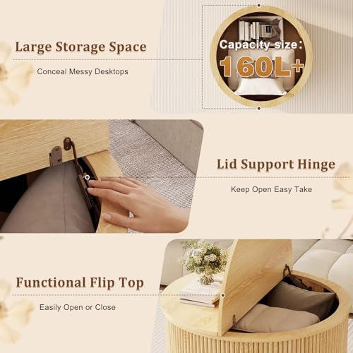LYNCOHOME Round Coffee Table, Round Wooden Coffee Table with Storage, Fluted Modern Coffee Tables for Living Room Home Office, Natural
