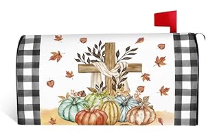 EKOREST Fall Mailbox Covers Magnetic Standard Size 18"x21",Seasonal Buffalo Plaid with Religious Cross Pumpkins Mailbox Wraps,Autumn Thanksgiving Post Letter Box Cover for Outdoor Décor