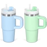 Cosictic 2 Pack 14 Oz Tumbler with Handle and Straw for Kids, Stainless Steel Double Wall Vacuum Insulated Cup for Children, 14 Oz Cups for Kids (Sky Blue, Green)
