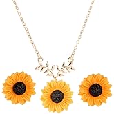 Sunflower Necklace and Earring Set, Sunflower Pearl Resin Boho Long Drop Handmade Pendant Necklace Choker with Sunflower Resin Earrings Sets for Women Girls