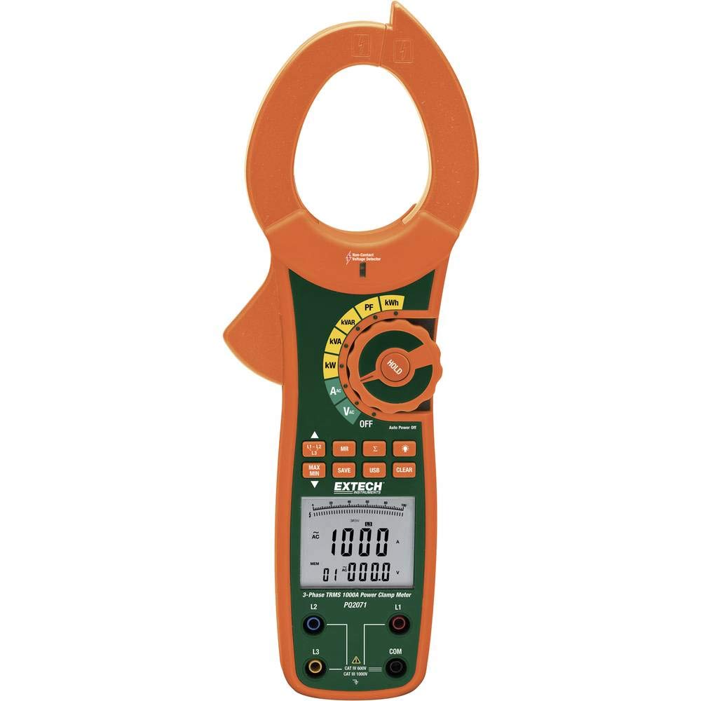 Extech PQ2071-1000A Pinza amperimétrica de potencia RMS real monofásica/trifásica: corriente CA, voltaje, frecuencia, mediciones de potencia (kW, kVA, kVAR, kWh), factor de potencia y fase, registro de datos con USB