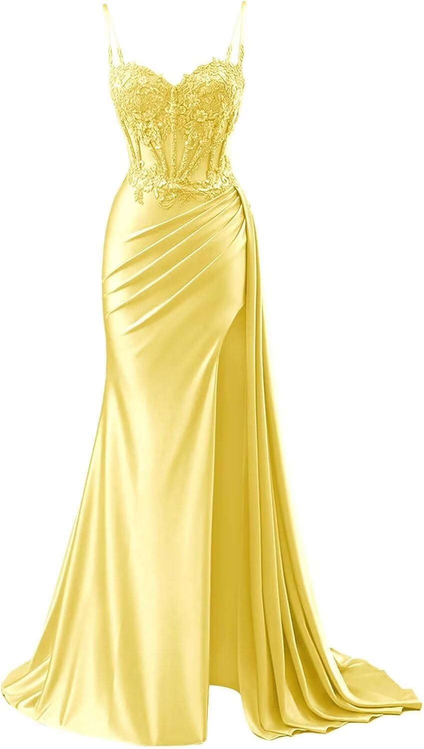 INEWER Lace Appliques Corset Yellow Prom Ball Dress
