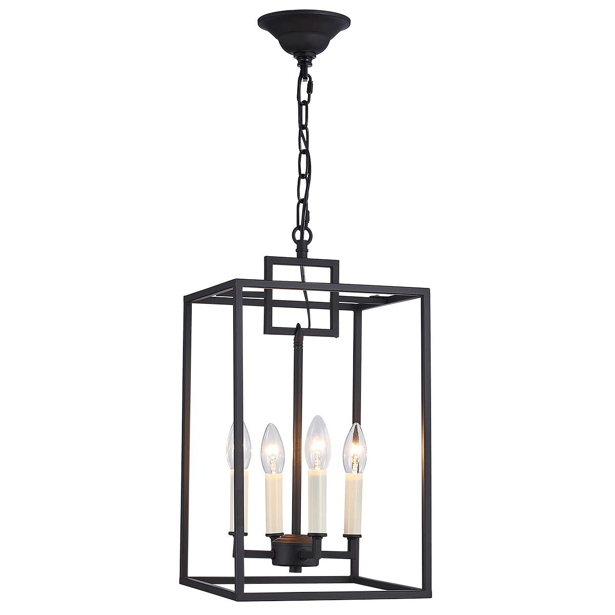 ANJIADENGSHI Lantern Pendant Light Industrial Vintage Lantern Iron Cage Hanging with 4 E12 Bulbs Lantern Chandelier for Traditional Dining Room Bar Cafe, Matte Black