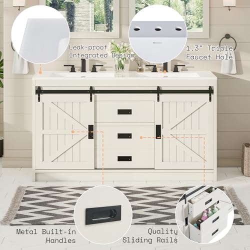 Jocisland Double Farmhouse Bathroom Vanity with Sink, 61in Sliding Barn Door Bathroom Storage Cabinet with Sliding Doors & Drawers, Dual Basin, Large Double Bath Vanity Sink Combo, White
