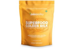 Paleovalley Organic Superfood Golden Milk - Immune, Focus, Cognitive, Longevity - Turmeric, MCT-Rich Coconut Milk, Functional Mushrooms, 28 Servings
