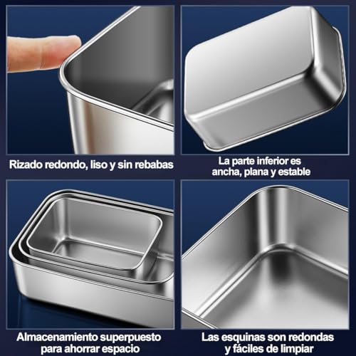 OCEBEEC Contenedores para Alimentos, 3pz Caja de Almacenamiento de Alimentos de Acero Inoxidable, Organización y Almacenamiento de Cocina (3pz Grande)
