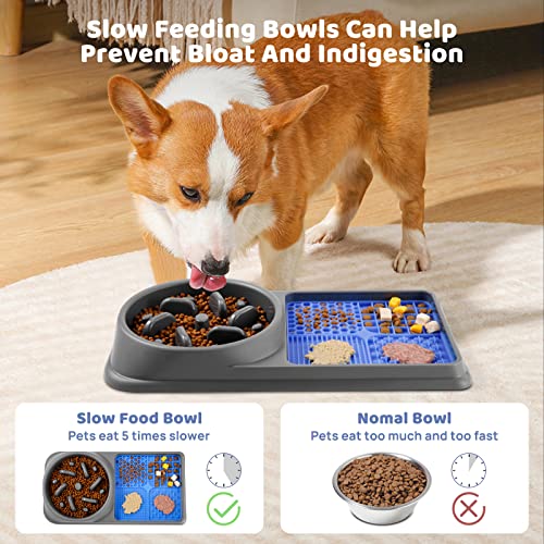 Odoland 2 in 1 Slow Feeder Dog Bowls and Licking Mat, Puzzle Dog Food Bowl with Premium Lick Pad and Outdoor Foldable Dog Bowl Anti-Gulping Interactive Water Dog Bowl
