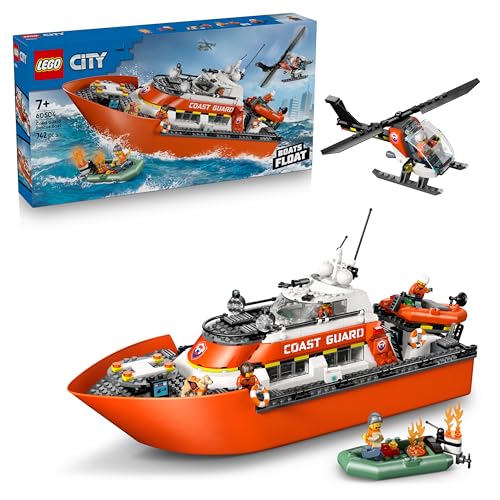 City Le Bateau de Sauvetage et l’Hélicoptère des Garde-Côtes - Véhicule de Secours - Maquette de Bateau Flottant, 5 Minifigurines & Figurine de Chien - Cadeau d'anniversaire Garçon 7 Ans 60504