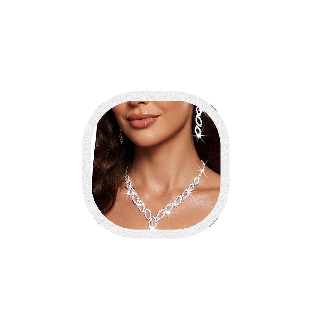 Ushiny Bridal Wedding Jewellery Sets Silver Rhinestone Necklace and Earrings Sets Cubic Zirconia Dangle Drop Earrings Necklace Jewellery Set for Women and Girls