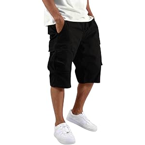 Mens Cargo Shorts Casual Elastic Waist Twill Work Shorts Relaxed Fit Hiking Tactical Short Pants with Multi Pockets