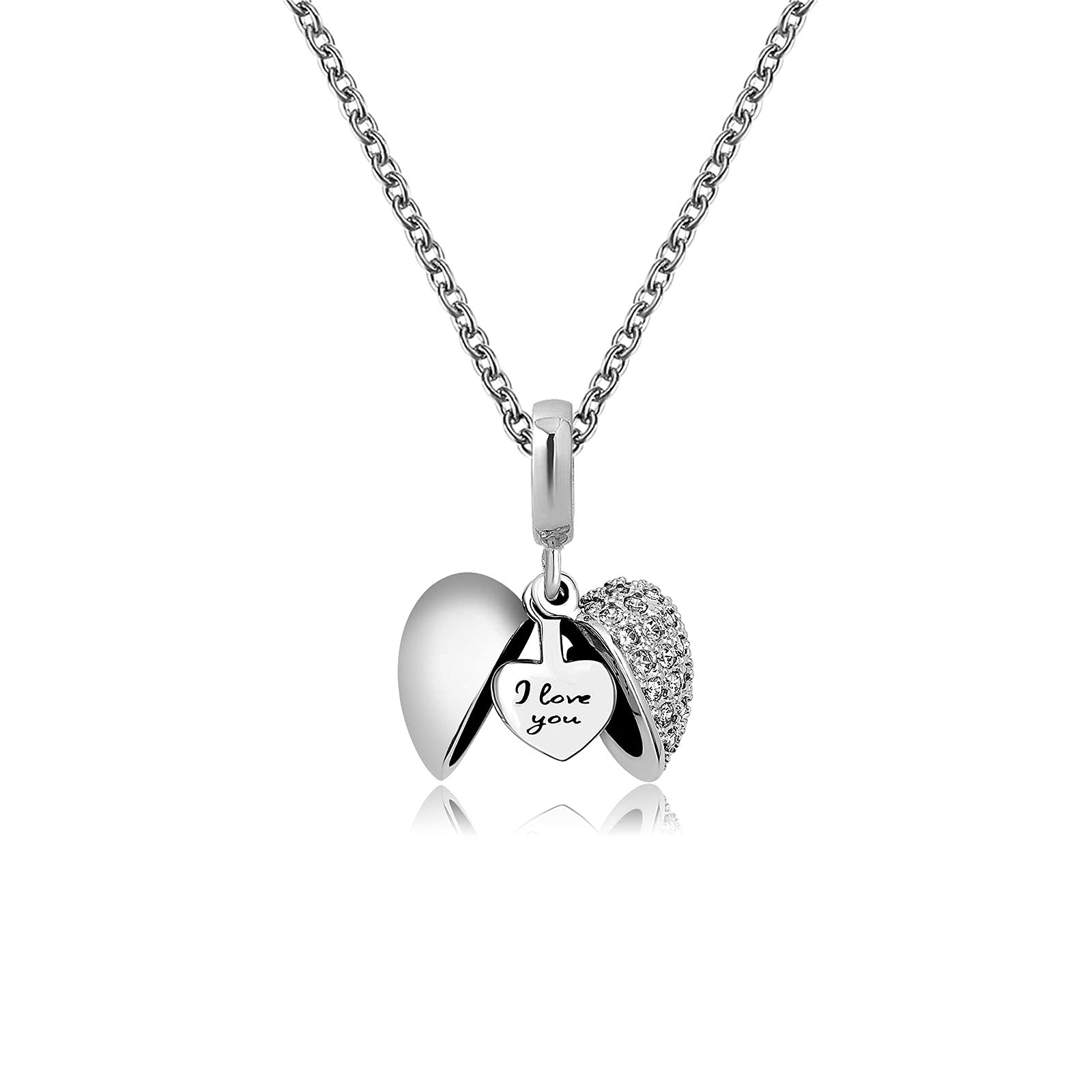 KunBead Jewelry Women 18 inch Heart I Love You Crystal Charm Pendant Dainty Necklace for Mum