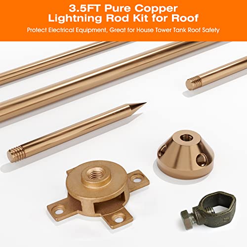 Copper Lightning Rod Kit With UL Listed Clamp – 3-Pole Spike, Detachable Brass, For House Roof, Farm & Bungalow