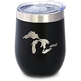 Great Lakes Map Wine Tumbler with Sliding Lid - Stemless Stainless Steel Insulated Cup - Cute Outdoor Camping Mug - Black