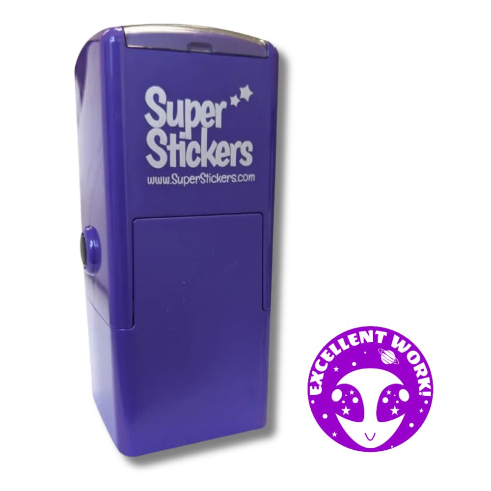 Superstickers Teacher Stamp - Excellent Work Alien Design - Violet Ink - Self Inking Education Stamper for Marking - 23 x 23mm