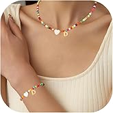 ZZLAY Beaded Initial Necklace & Stretch Bracelet – Elegant Bohemian Style Gold Charm Jewelry with Heart Pendant, Ideal for Women's Birthdays, Graduation colorful beaded necklace