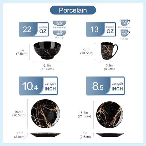 LOVECASA Daphne - 6 Person Dinner Set Plates, Modern Complete Porcelain Tableware, 24 Pieces (Flat Sides, Dessert Bowls, Cereal Bowls, Cups) - Black & Gold Design