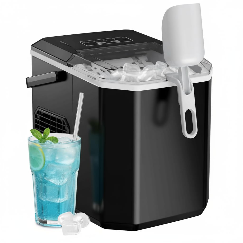 Silonn Portable Ice Maker Countertop with Carry Handle, Self-Cleaning, Includes Basket and Scoop, 9 Cubes in 6 Mins, 26 lbs Daily, for Home Kitchen Camping RV