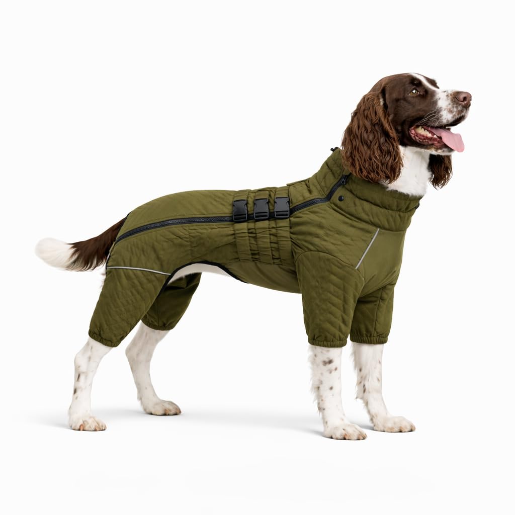 Warm Double Layers Dog Vest - 4 Legs Covered Windproof Waterproof Reflective Coat, Outdoor Skating Costume for Small Medium Large Dogs, Olive L