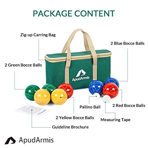 ApudArmis Bocce Balls Set, Outdoor Family Bocce Game for Backyard/Lawn/Beach - Set of 8 Poly-Resin Balls & 1 Pallino & Nylon Carrying Case & Measuring Rope (90mm)