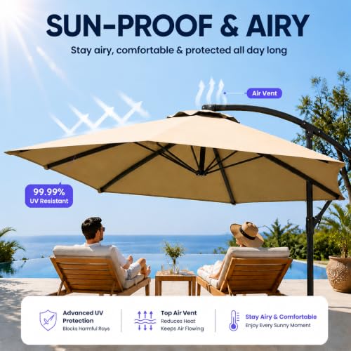 Meulbaty Patio Umbrella with Base Included, 10FT Large Cantilever Offset Patio Umbrellas Outdoor Umbrellas Shade Umbrella with Stand - UV Protection, Easy Tilt & 360° Rotation for Pool, Deck, Porch, Yard