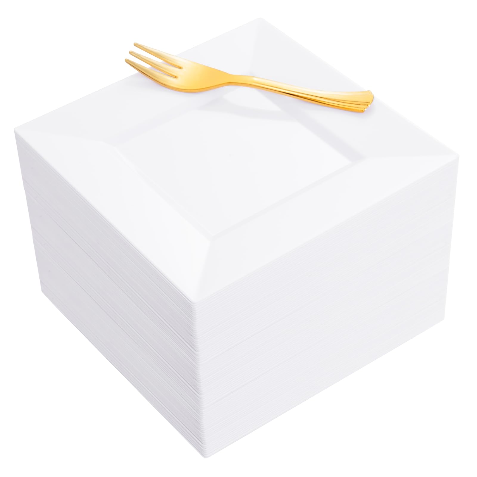 Photo 1 of supernal 200Pcs White Dessert Plates 6" with Gold Plastic Forks 5.7",White Disposable Square Plates for 100 Guests,Fancy Gold Plate, Including 100 Plastic Appetizer Plates and 100 Dessert Forks