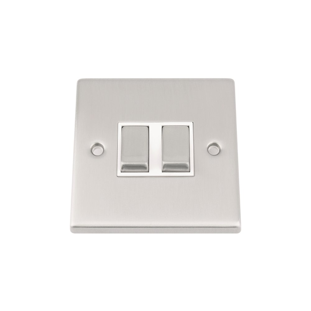 Light Switch Double 2 Gang - Satin Matt Chrome - Square - White Insert - Metal Rocker Switch - 10 Amp 2 Gang 2 Way