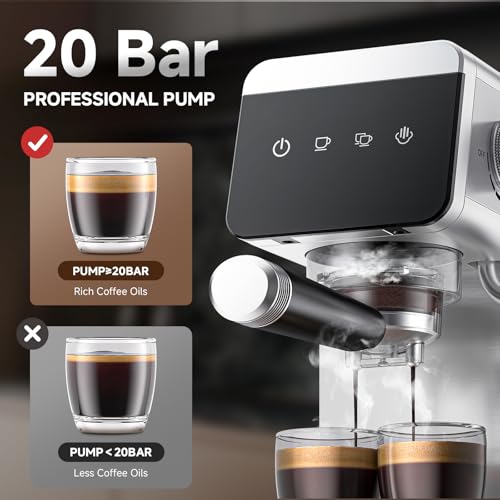 AMZCHEF Coffee Machine 20 Bar, 1350W Espresso Machine, Compact Stainless Steel Coffee Machines with LED Touch Screen, Powerful Steam Wand, Removable Water Tank