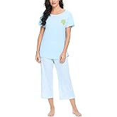 Tugege Womens Pajama Sets Short Sleeve Sleepwear Tops with Capri Pants Fun Printed 2 Piece Lounge Pjs Set