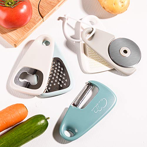 Kitchen Gadgets Set 5 Pieces, Space Saving Cooking Tools Cheese Grater, Bottle Opener, Fruit/Vegetable Peeler, Pizza Cutter, Garlic/Ginger Grinder, Stainless Steel Accessories Dishwasher Safe(Blue)