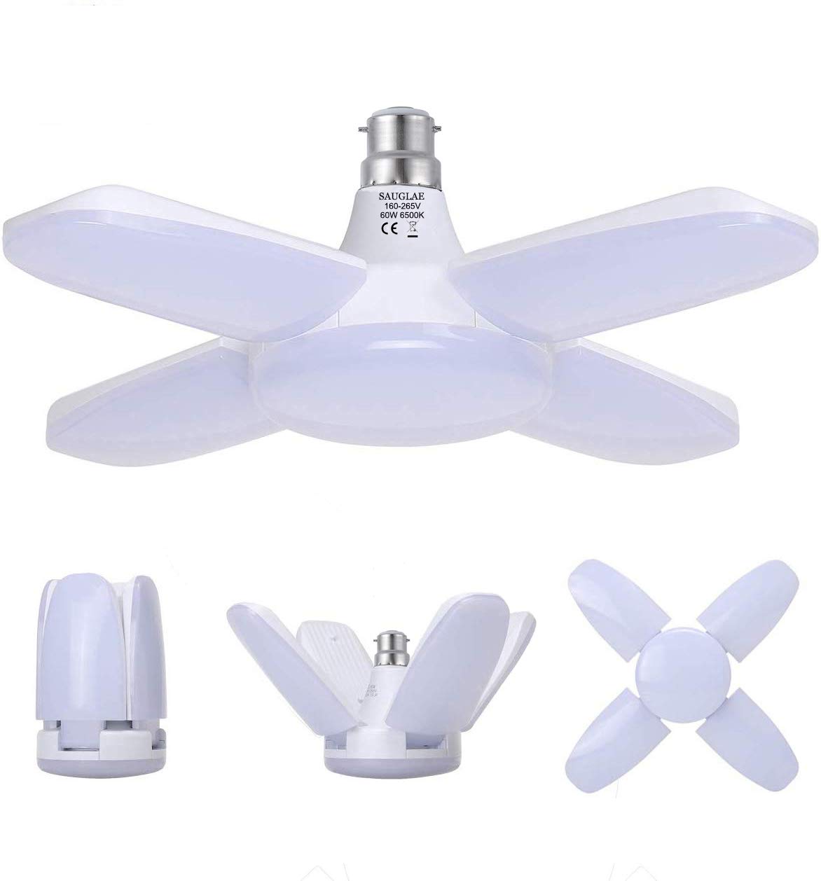 SAUGLAE LED Garage Lights, B22 Deformable 60W 6800LM, Daylight White 6500K, LED Light Bulbs with 4 Adjustable Panels for Garage, Warehouse, Workshop, Basement (Pack of 1)