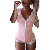 Roselux Women's Sexy Deep V Neck Shorts Short Sleeve Knitted One Piece Bodysuit Sexy Pajama Onesie Bodycon Rompers Overall