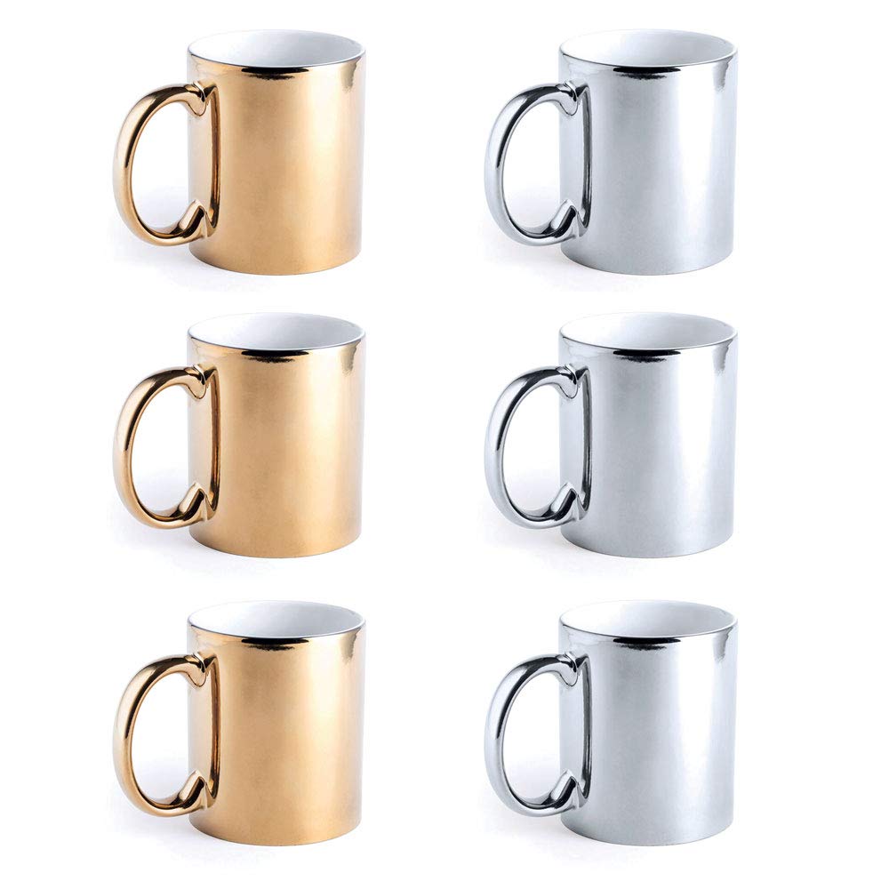 eBuyGB Metallic Large 350ml Ceramic Tea Coffee Mugs, Set of 6 (Mixed)