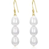 Real 14k Gold Pear Freshwater Cultured Pearl Dangle Earrings for Women, 14kt Gold Earrings Gifts for Her