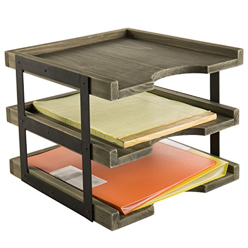 MyGift Desktop Paper Tray Organizer, 3Tier Rustic Brown Wood and Black