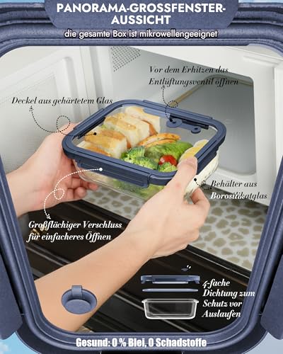 BOROHOUSE Glass Containers with Lid Set (12 Pieces), High Borosilicate, Microwave-Safe, Oven Safe, 20°C ~ 510°C, with Valve, Dishwasher Safe - Perfect for Storage Jars, Meal Prep & Freezer Containers, Blue