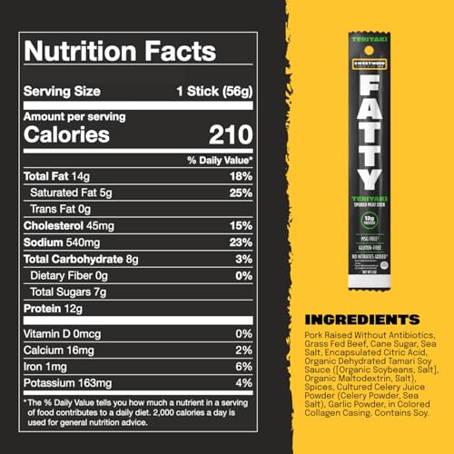 FATTY MEAT STICKS, MADE WITH GRASS FED BEEF, PORK RAISED WITHOUT ANTIBIOTICS, 12G PROTEIN PER STICK, TERIYAKI, 2 OZ.