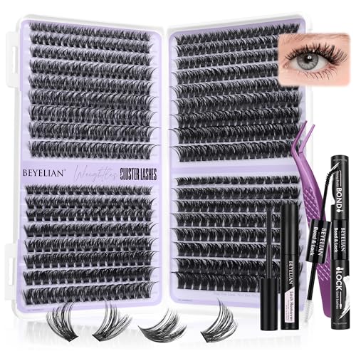 BEYELIAN Cluster Lashes Kit 608Pcs Lash Clusters with Glue and Remover and Lash Tweezer, Volume Clusters Lash Book Kit D Curl Eyelash Extensions for DIY at Home 8-16mm (60D+80D+100D+120D)
