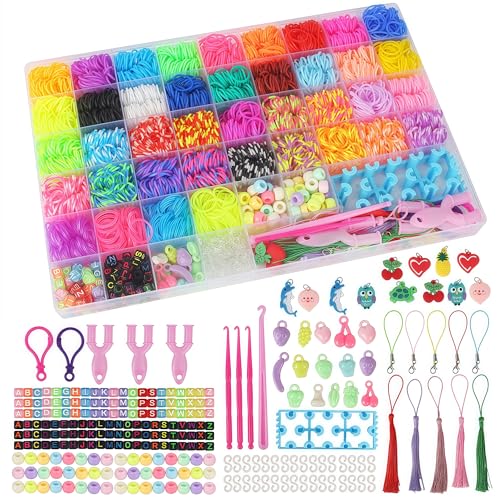 YeeQo 4100+ Colorful Bracelet Bands Set, DIY Elastic Bands Bracelet Kit for Kids with 54 Compartments, Including Frame, Charms, Beads, Creative Toys and Gifts