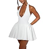 Yeenily Women's Halter Bow Tie Deep V Neck Sleeveless Backless Sexy Mini Dress A Line Flowy Club Cocktail Prom Dress