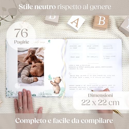 Wellode Birth Album Child Up to 5 Years Old – 76 Pages with Gold Stickers – Baby Birth Book – Album Memories Newborn – Gift Idea for Birth and Baby Shower, Neutral Gender