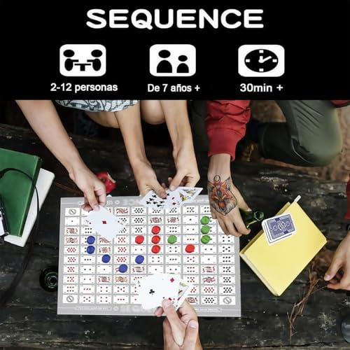 Sequence Juego de Mesa, Sequence Game, Juego de Mesa Estrategia Familiar - Juego de Cartas con Tablero Plegable,104 Cartas + 135 Monedas de Juego, para 2-12 Jugadores (Versión Inglesa) (Blanco)