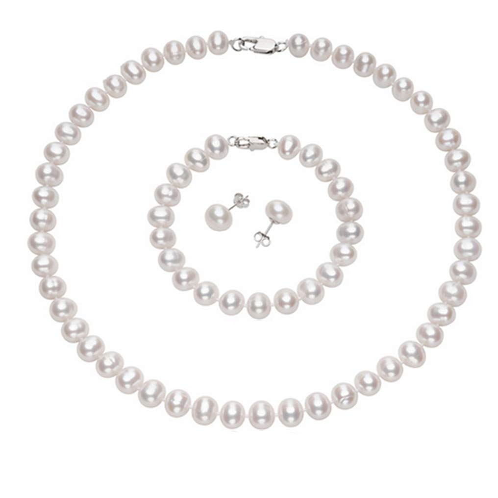 TreasureBay Snow White 7mm Natural Freshwater Pearl Necklace and Bracelet set